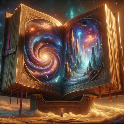 The primary subject of the image is a book that has been creatively illustrated to resemble a spiral galaxy. The book is open, revealing a vibrant and detailed illustration of a spiral galaxy. The setting is a cloudy sky, which serves as the backdrop for the book. The visual style of the image is a combination of digital art and illustration, creating a unique and captivating representation of a spiral galaxy. The colors and mood of the image are predominantly blue and pur